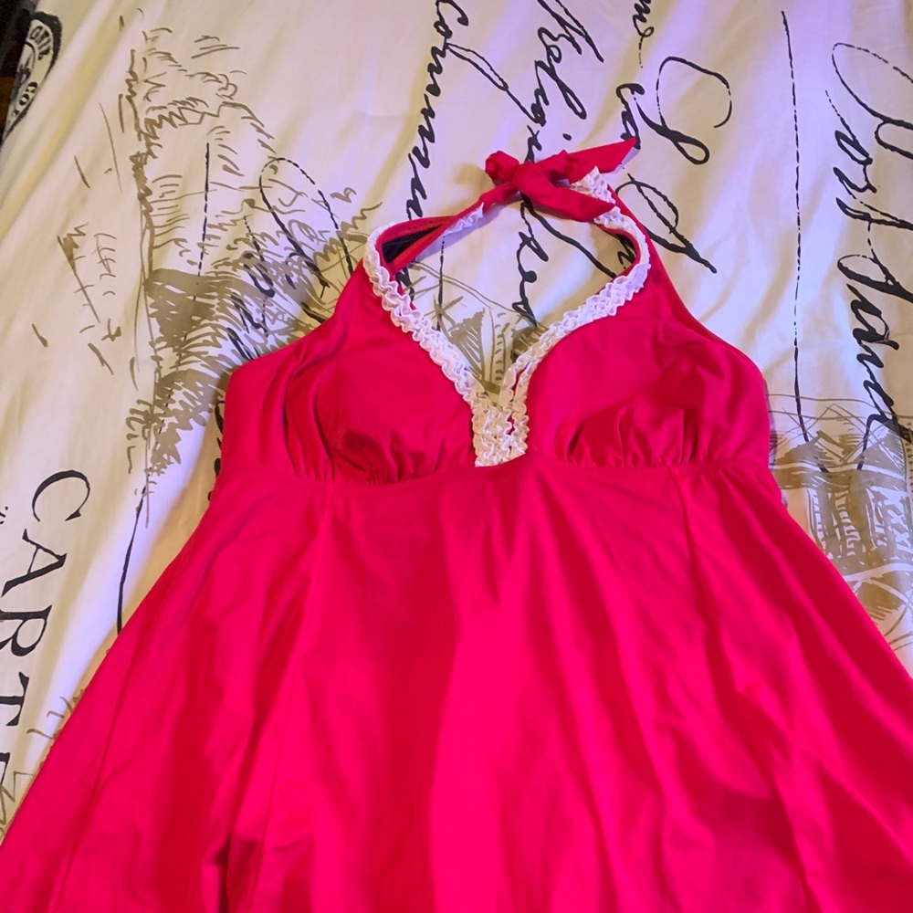 Red and white halter swimdress